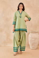 Sage Green Floral Hand Block Print Embroirdered Farsi Salwar Co-ord Set - Tara-C-Tara