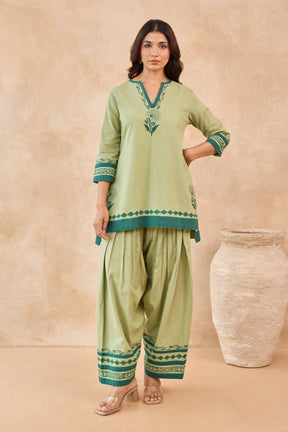 Sage Green Floral Hand Block Print Embroirdered Farsi Salwar Co-ord Set - Tara-C-Tara