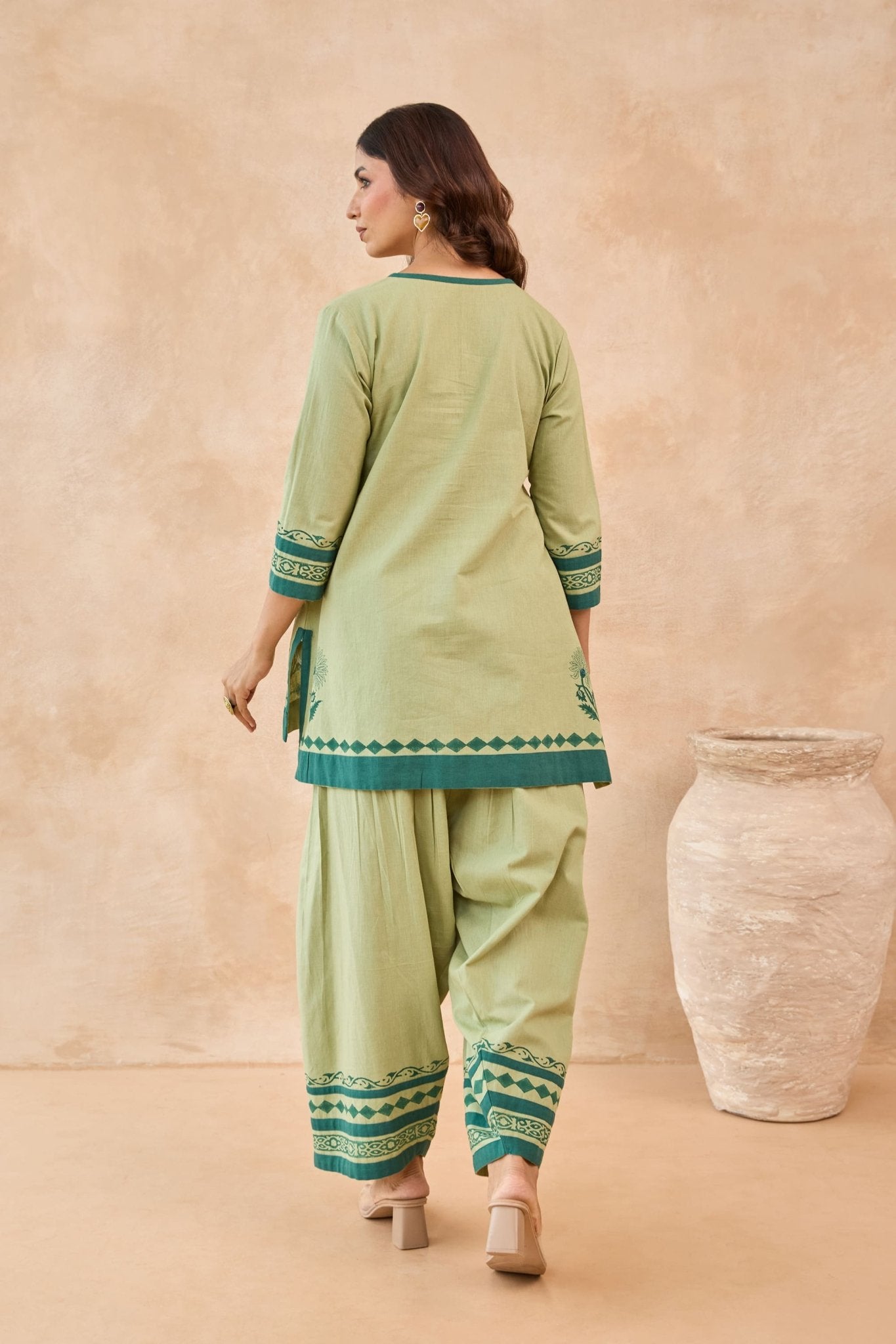 Sage Green Floral Hand Block Print Embroirdered Farsi Salwar Co-ord Set - Tara-C-Tara