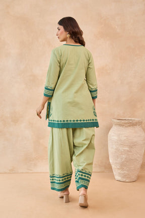 Sage Green Floral Hand Block Print Embroirdered Farsi Salwar Co-ord Set - Tara-C-Tara