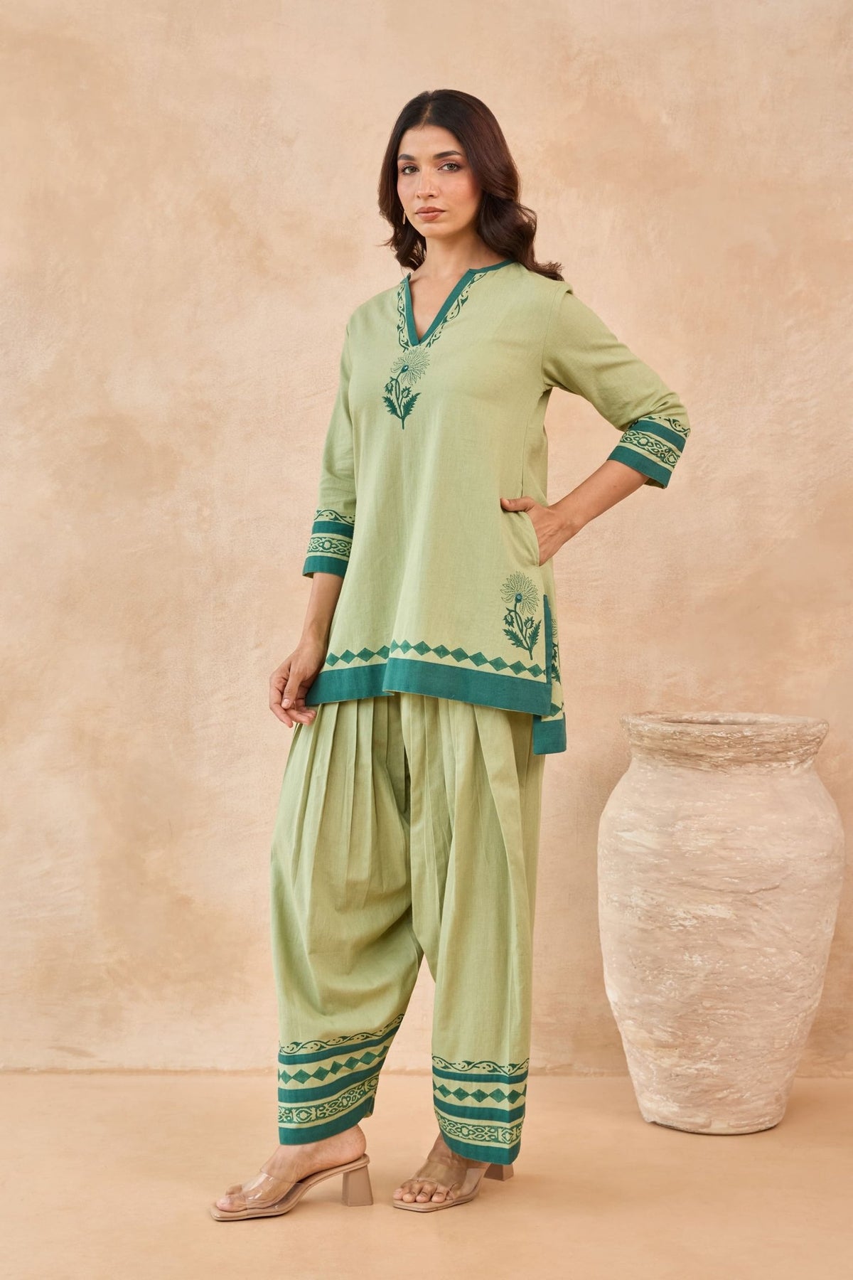 Sage Green Floral Hand Block Print Embroirdered Farsi Salwar Co-ord Set - Tara-C-Tara