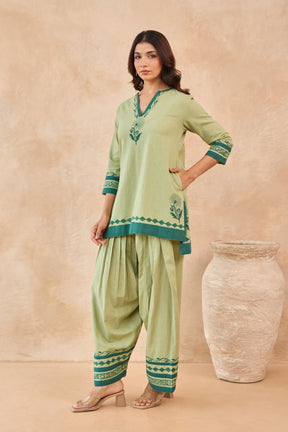 Sage Green Floral Hand Block Print Embroirdered Farsi Salwar Co-ord Set - Tara-C-Tara
