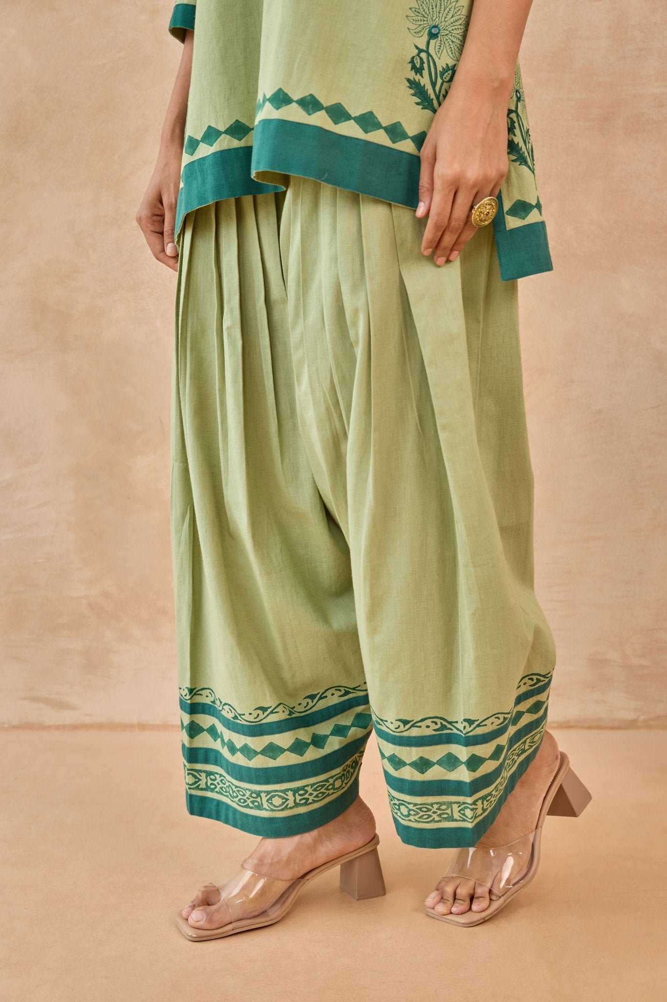 Sage Green Floral Hand Block Print Embroirdered Farsi Salwar Co-ord Set - Tara-C-Tara