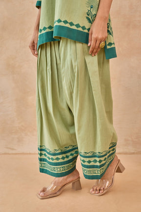 Sage Green Floral Hand Block Print Embroirdered Farsi Salwar Co-ord Set - Tara-C-Tara