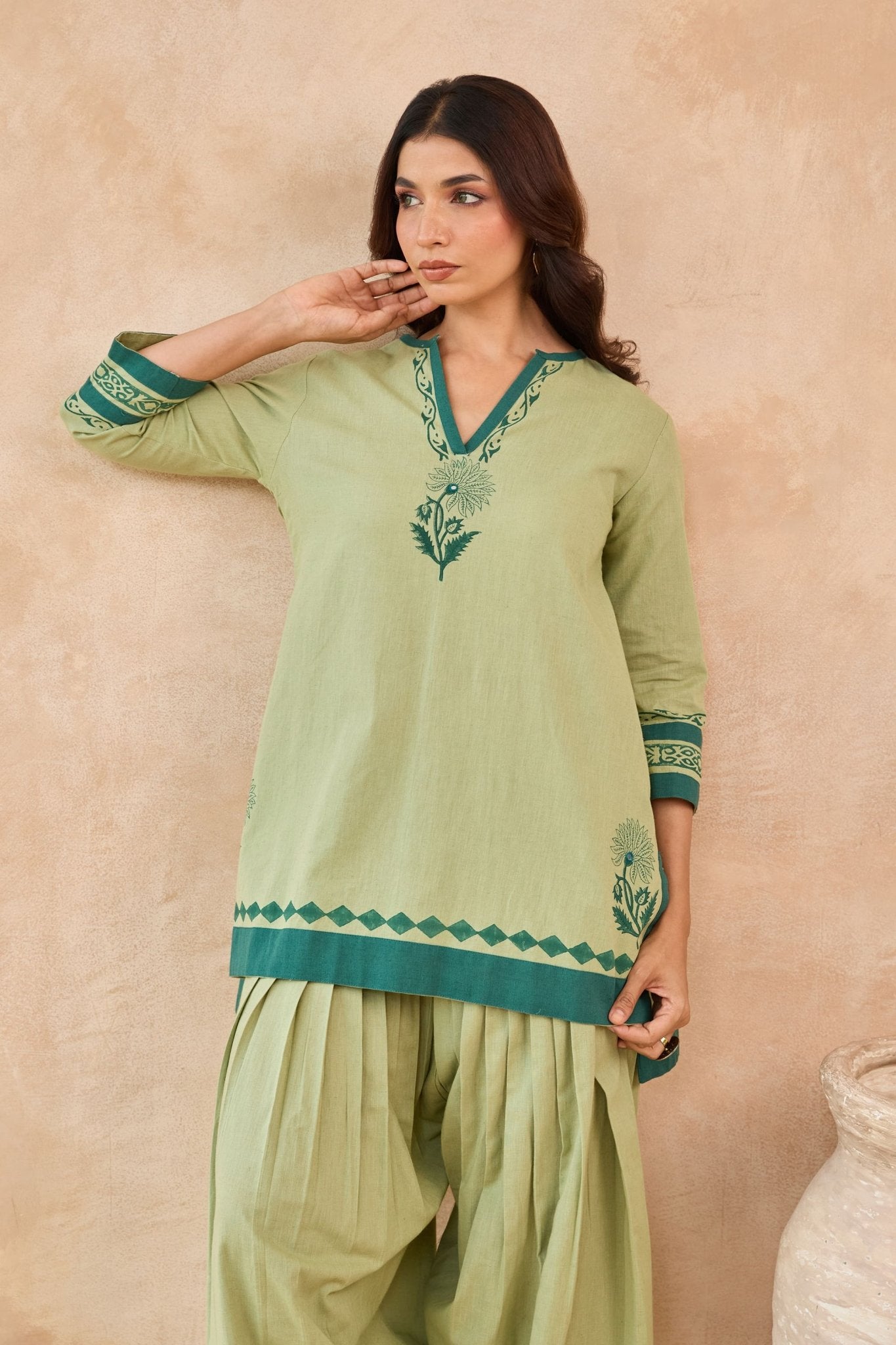 Sage Green Floral Hand Block Print Embroirdered Farsi Salwar Co-ord Set - Tara-C-Tara