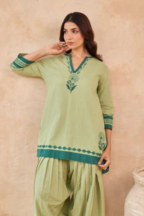 Sage Green Floral Hand Block Print Embroirdered Farsi Salwar Co-ord Set - Tara-C-Tara
