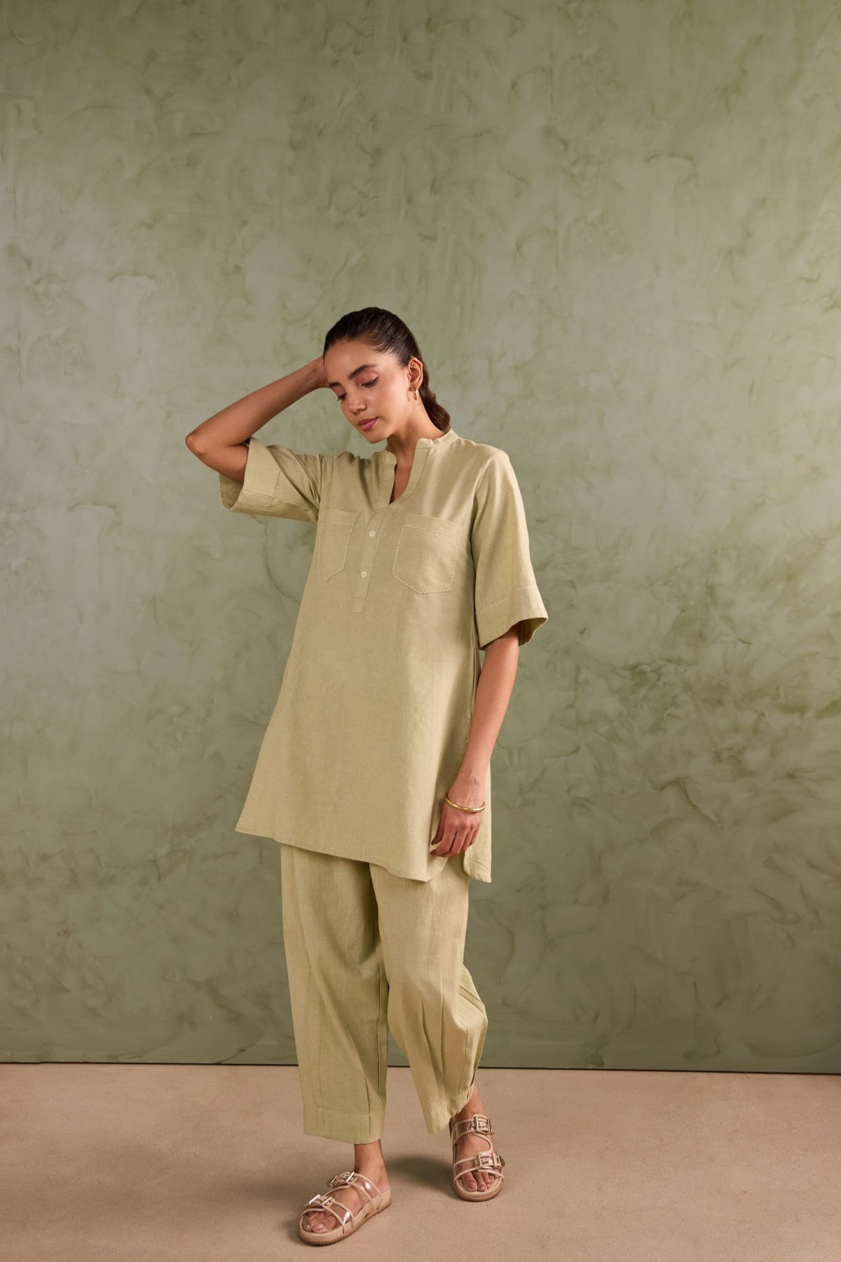 Sage Green Linen Blend Co-ord Set - Tara-C-Tara