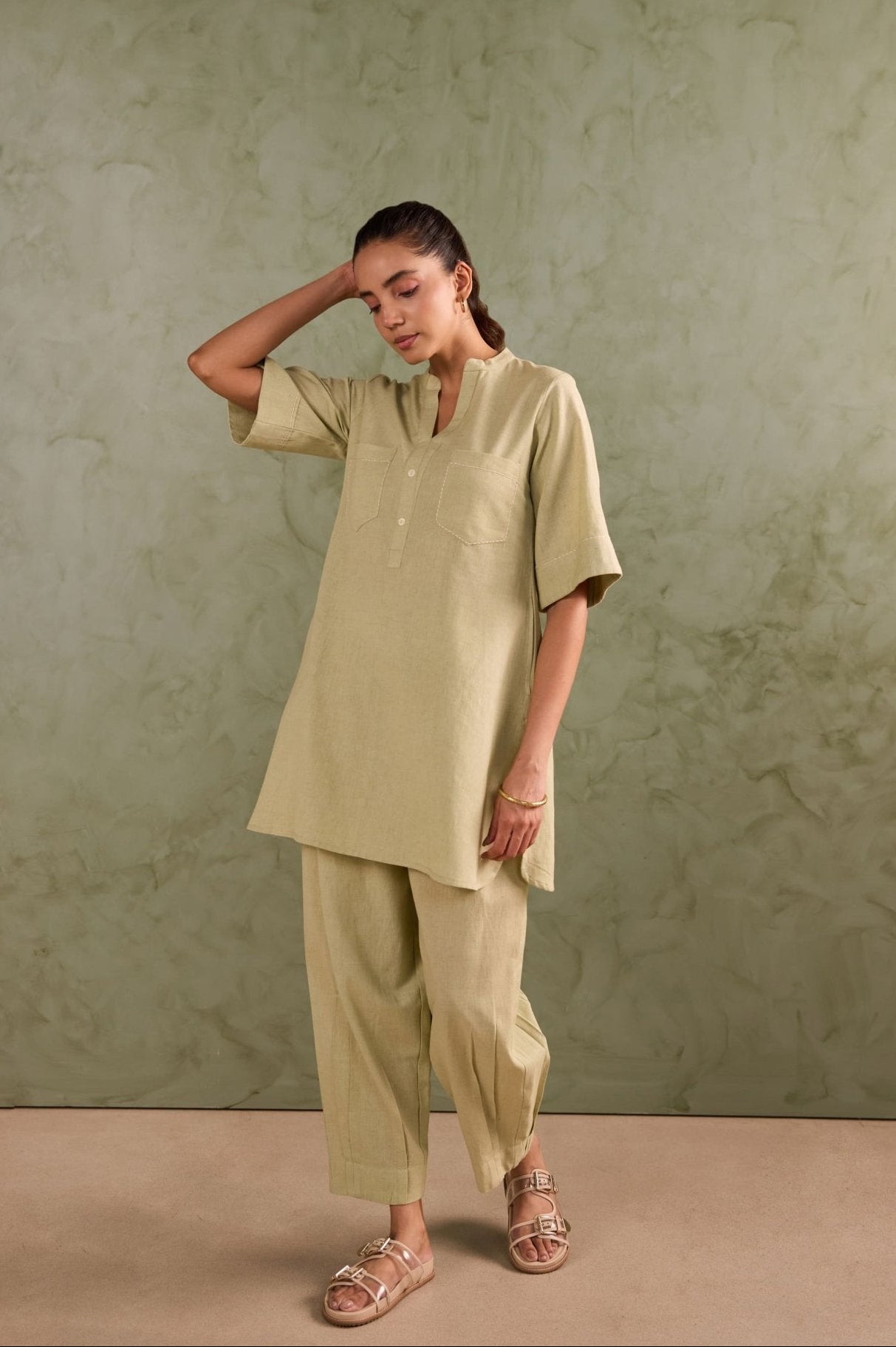 Sage Green Linen Blend Co-ord Set - Tara-C-Tara