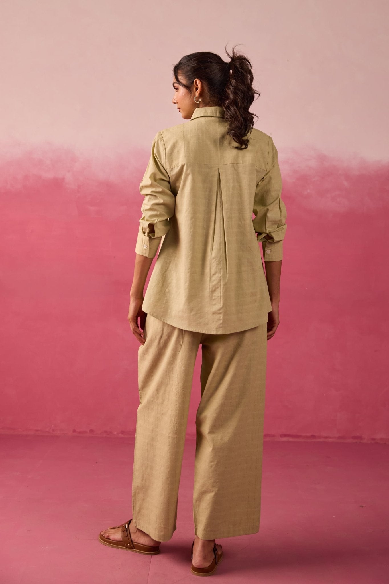 Sage Green Textured Cotton Short Tunic Co-ord Set - Tara-C-Tara