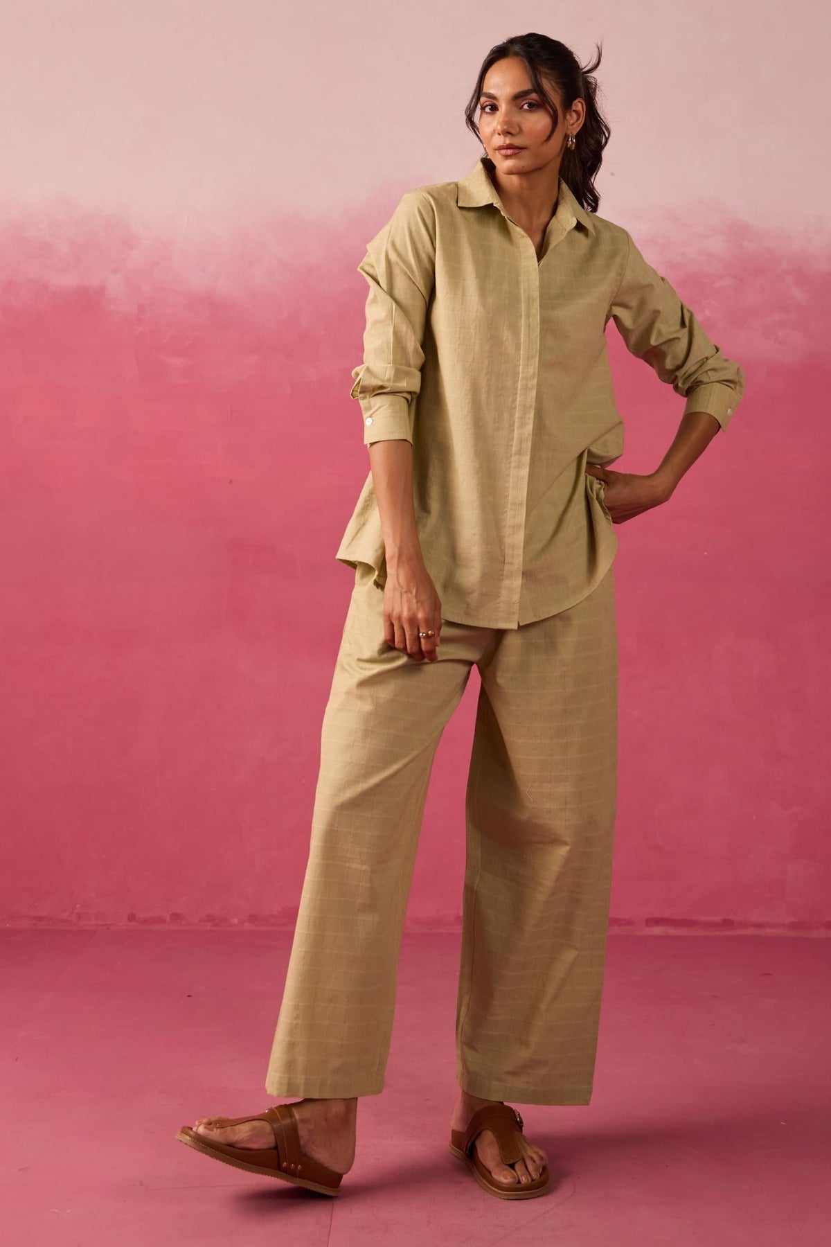 Sage Green Textured Cotton Short Tunic Co-ord Set - Tara-C-Tara