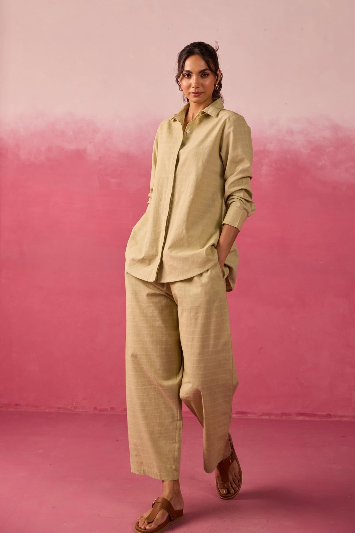 Sage Green Textured Cotton Short Tunic Co-ord Set - Tara-C-Tara