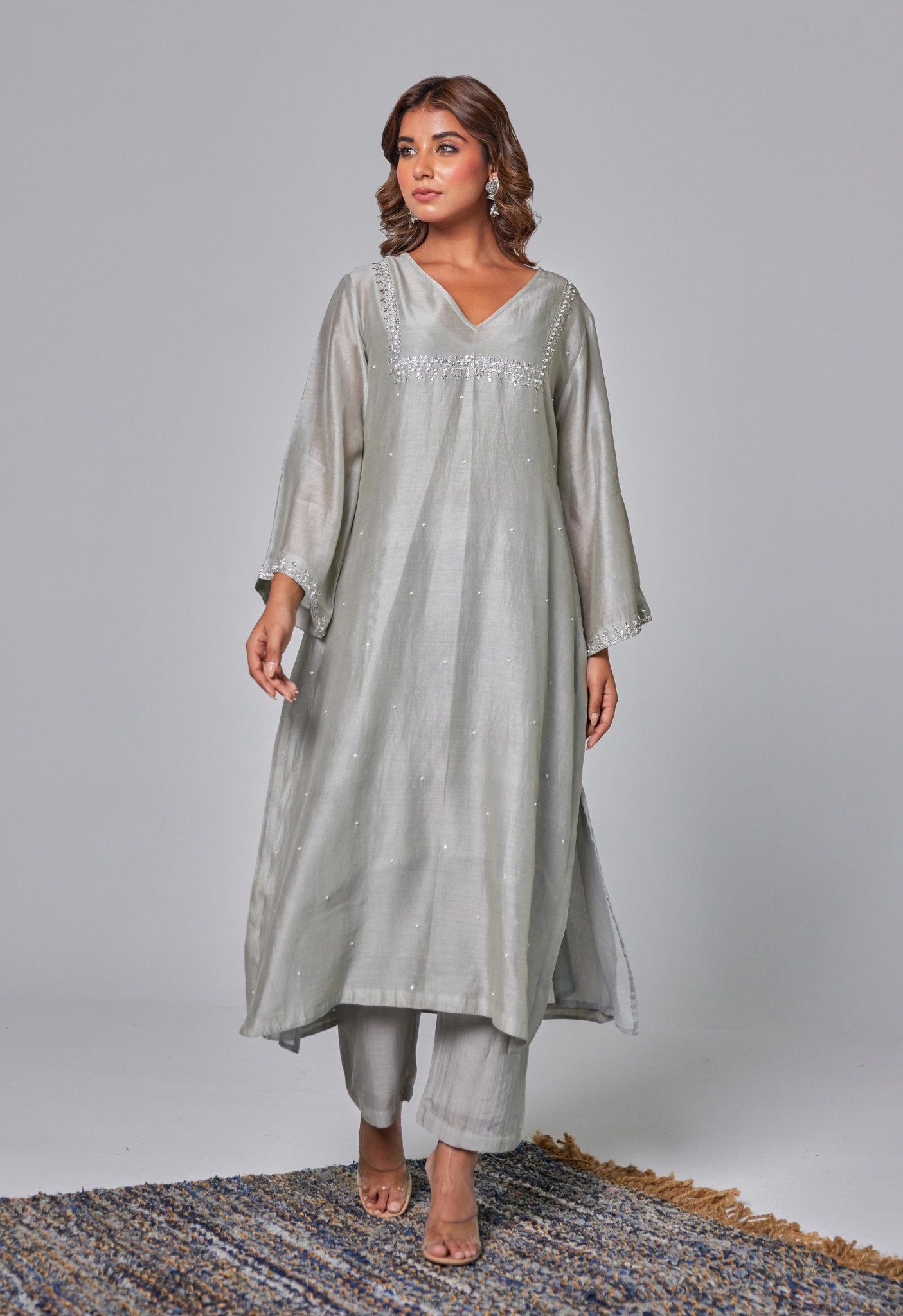 Silver Elegance: Grey Chanderi Coord Set with Hand Embroidered Kurta and Stole - Tara - C - Tara