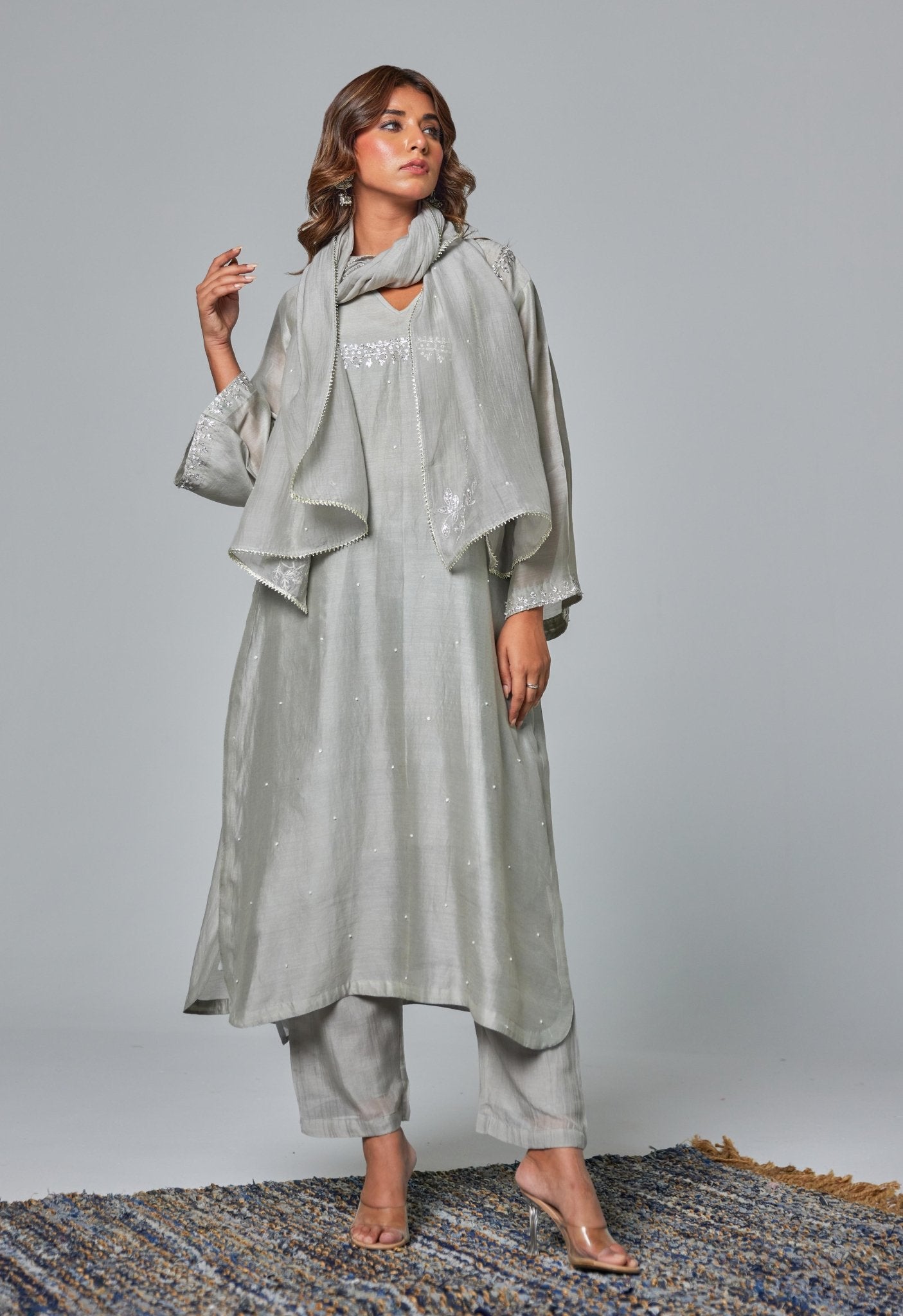 Silver Elegance: Grey Chanderi Coord Set with Hand Embroidered Kurta and Stole - Tara - C - Tara