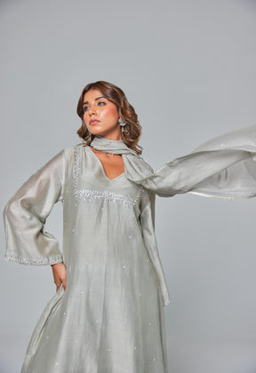 Silver Elegance: Grey Chanderi Coord Set with Hand Embroidered Kurta and Stole - Tara - C - Tara