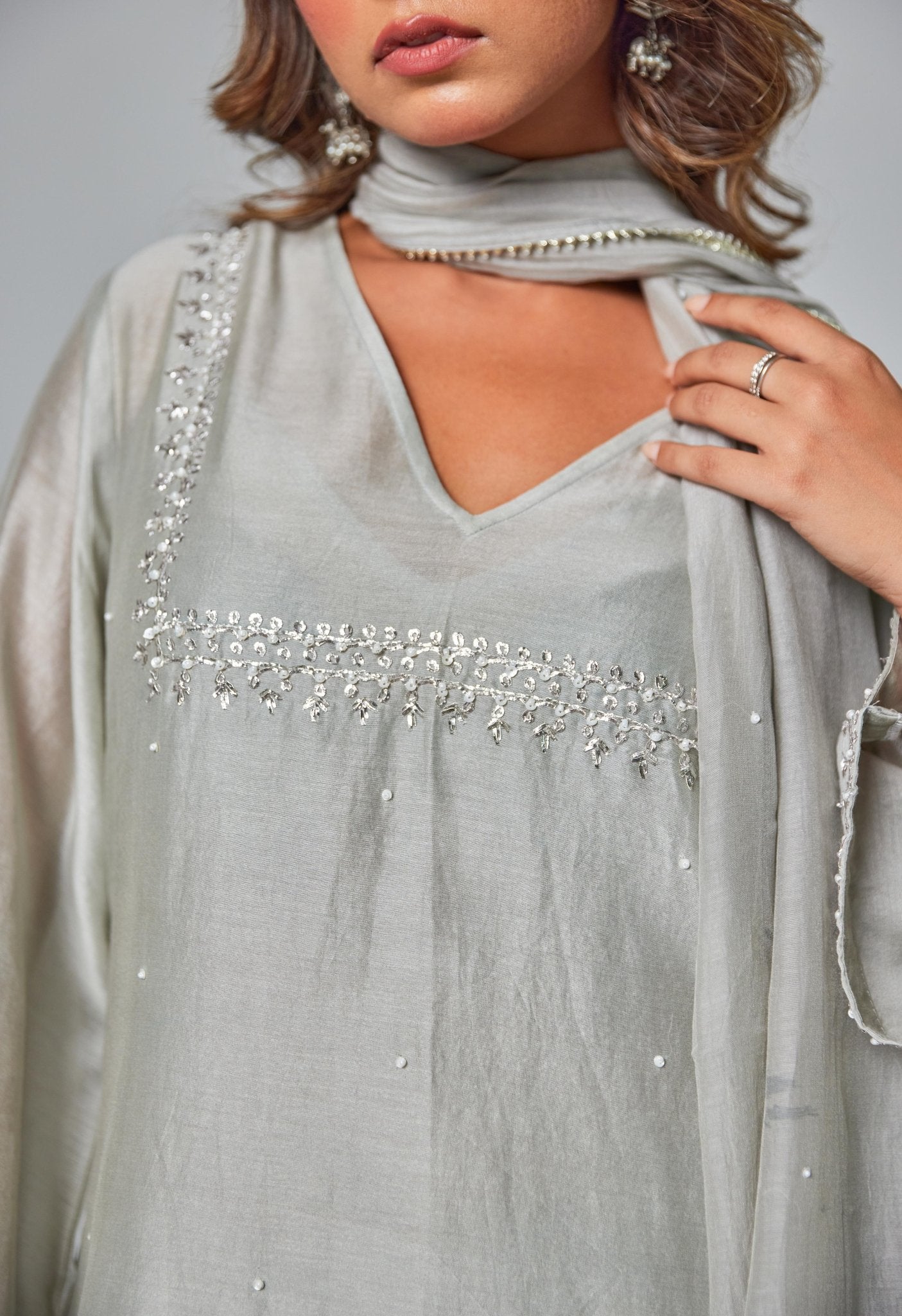 Silver Elegance: Grey Chanderi Coord Set with Hand Embroidered Kurta and Stole - Tara - C - Tara