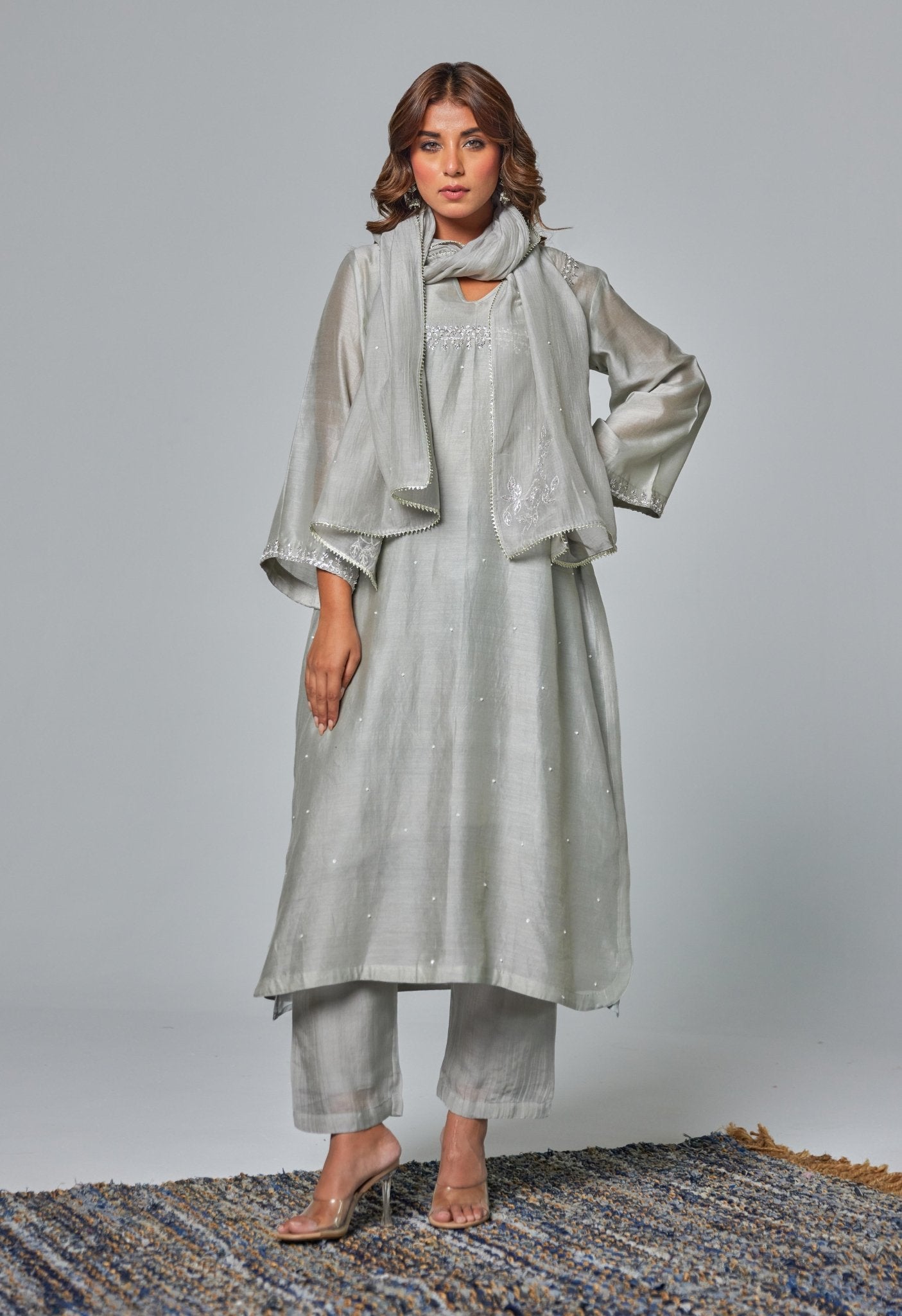 Silver Elegance: Grey Chanderi Coord Set with Hand Embroidered Kurta and Stole - Tara - C - Tara