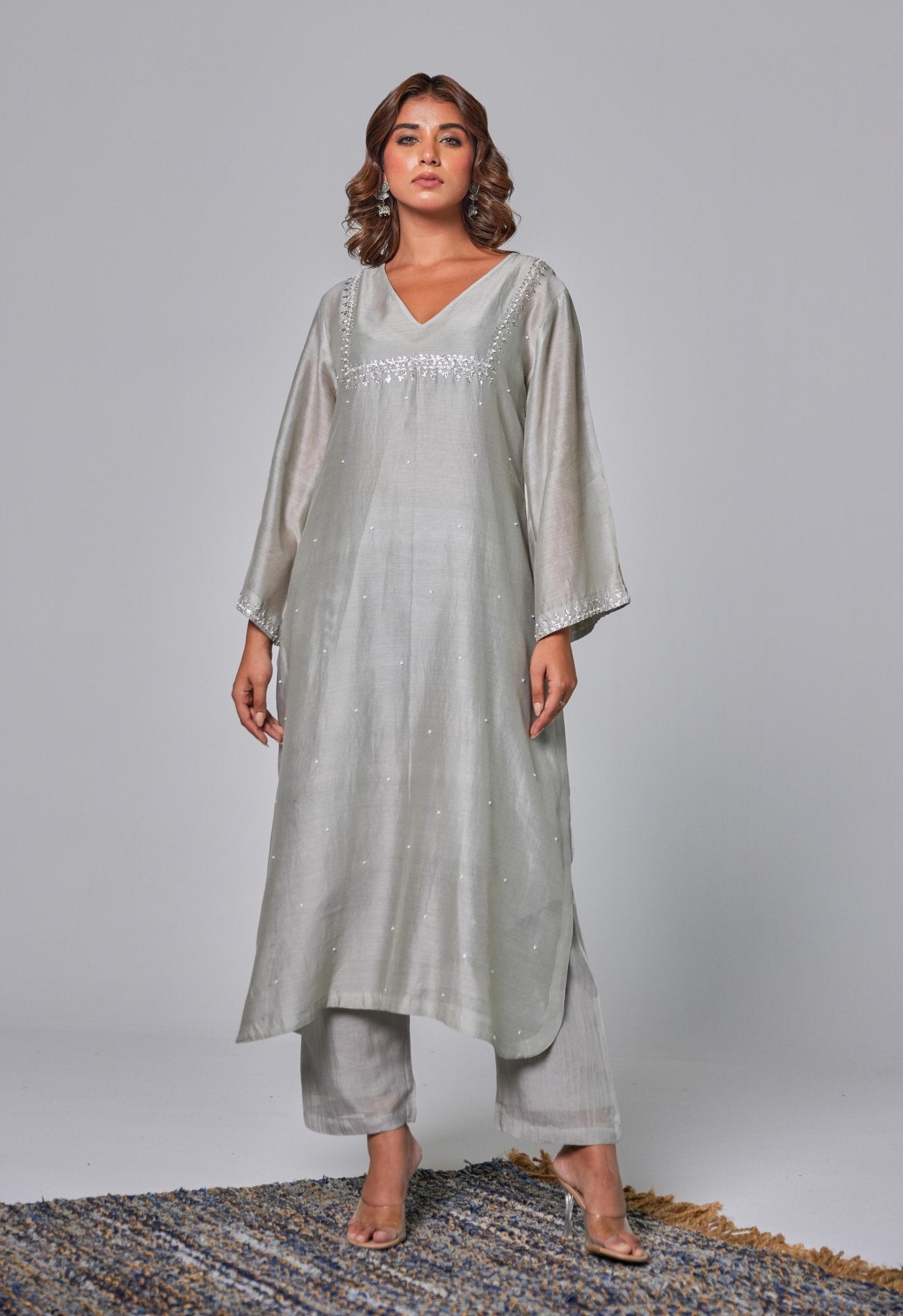 Silver Elegance: Grey Chanderi Coord Set with Hand Embroidered Kurta and Stole - Tara - C - Tara