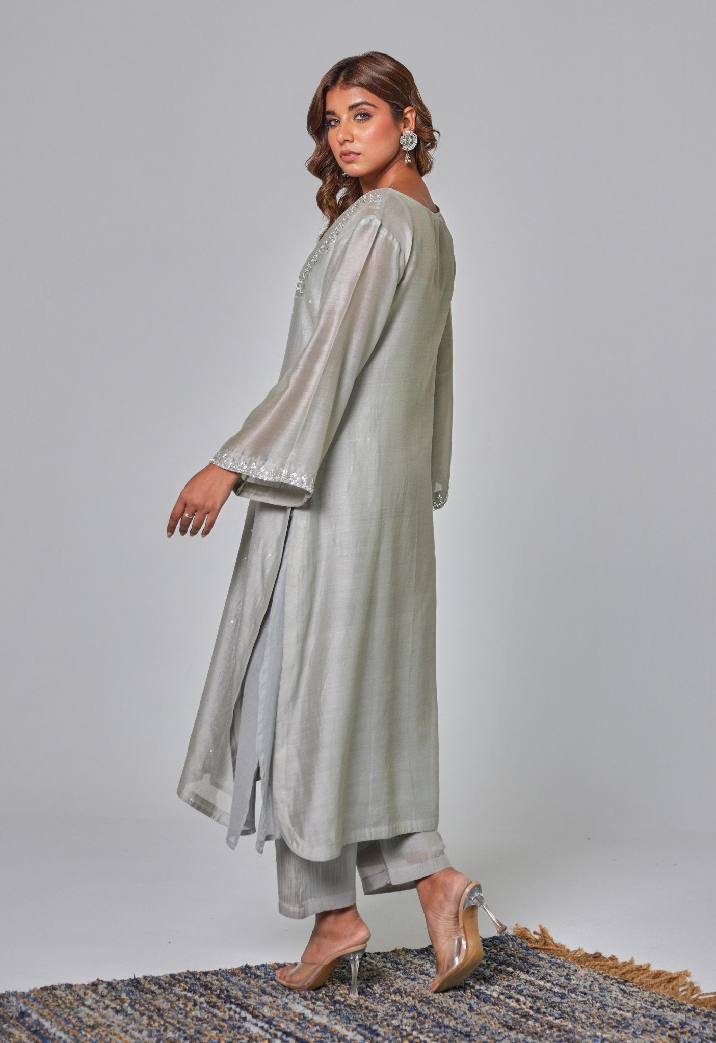 Silver Elegance: Grey Chanderi Coord Set with Hand Embroidered Kurta and Stole - Tara - C - Tara