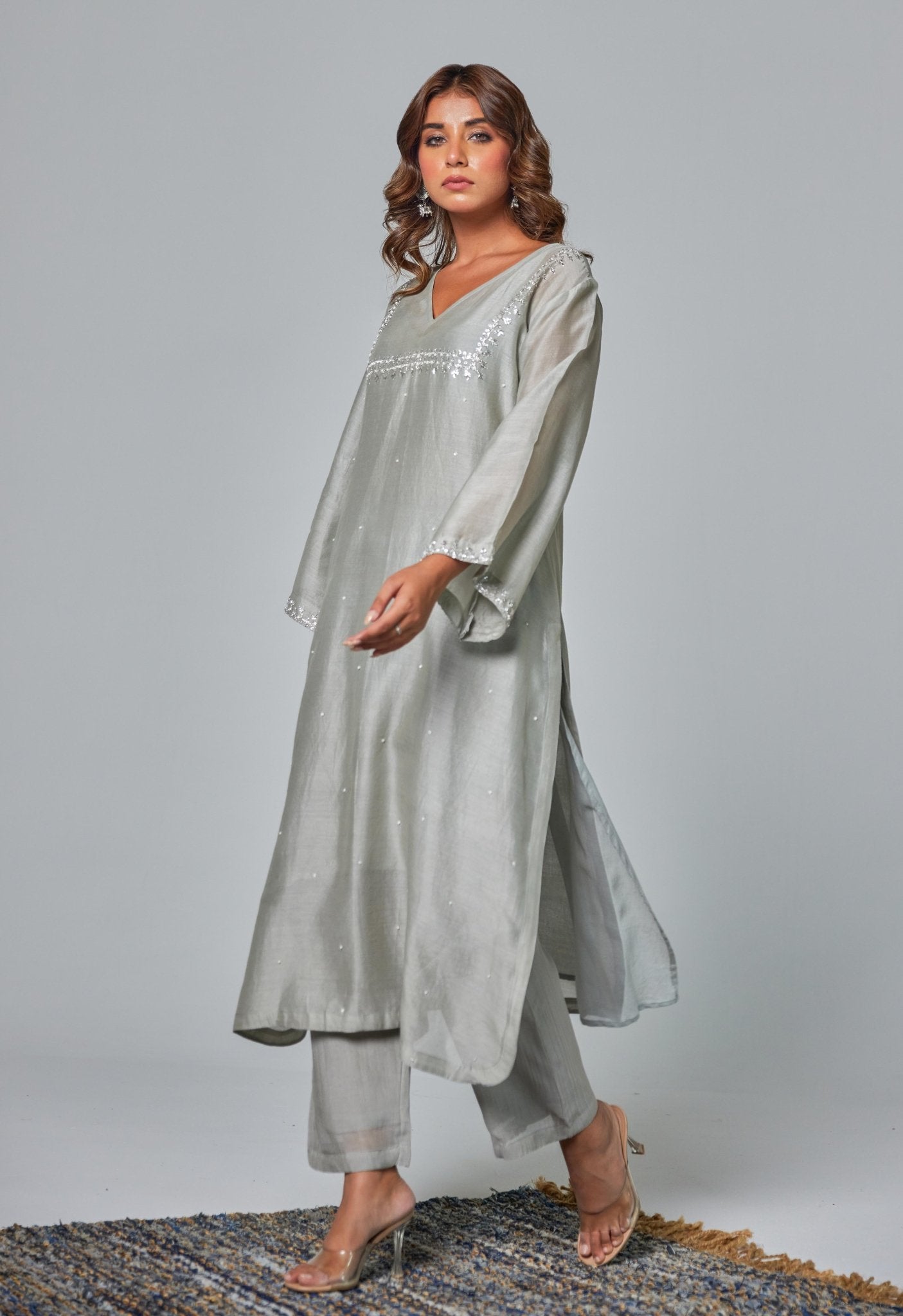 Silver Elegance: Grey Chanderi Coord Set with Hand Embroidered Kurta and Stole - Tara - C - Tara