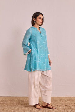 Sky Blue Bandhej Printed Kurta & White Farsi Salwar Co-ord Set
