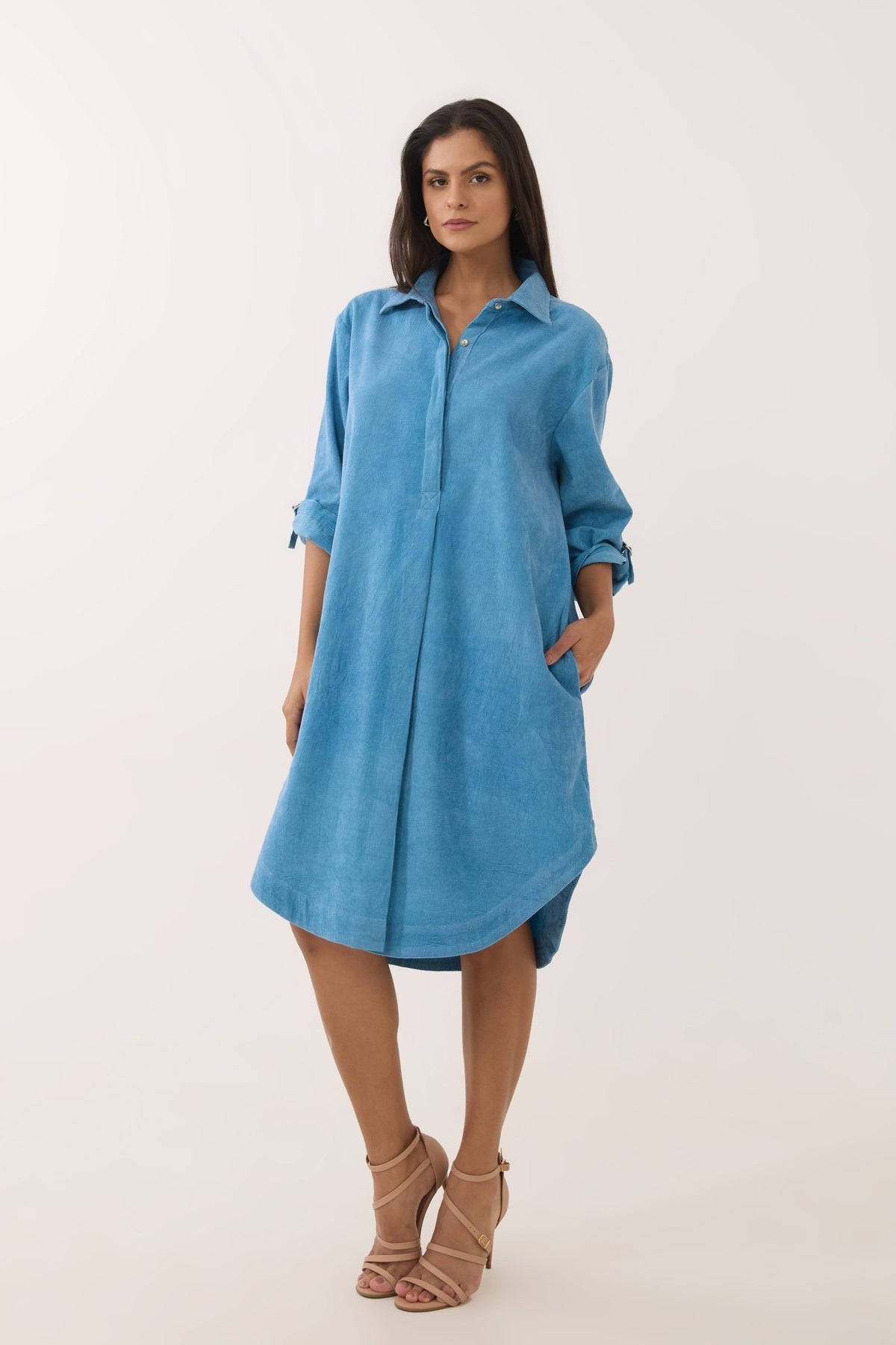 Sky Blue Corduroy Shirt Dress - Tara - C - Tara