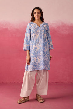 Sky Blue Floral Toile Hand Block Print Kurta & White Farsi Salwar Co-ord Set