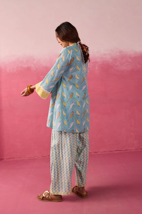 Sky Blue Parakeet Print Cotton Farsi Salwar Co-ord Set - Tara-C-Tara