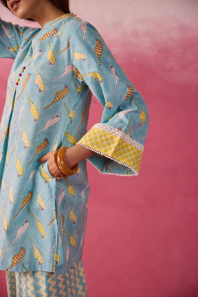 Sky Blue Parakeet Print Cotton Farsi Salwar Co-ord Set - Tara-C-Tara