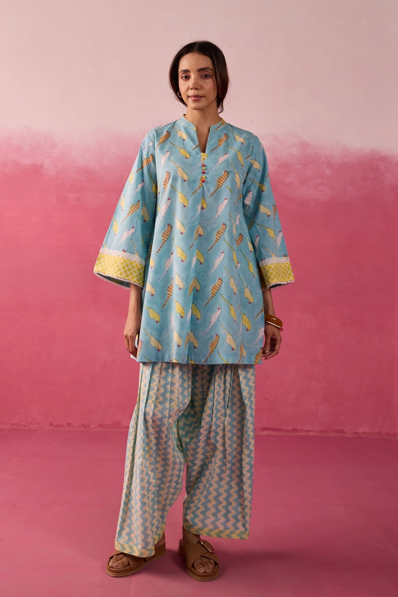 Sky Blue Parakeet Print Cotton Farsi Salwar Co-ord Set - Tara-C-Tara
