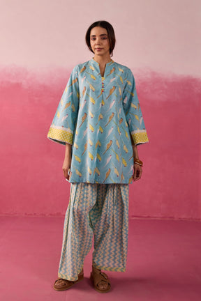 Sky Blue Parakeet Print Cotton Farsi Salwar Co-ord Set - Tara-C-Tara