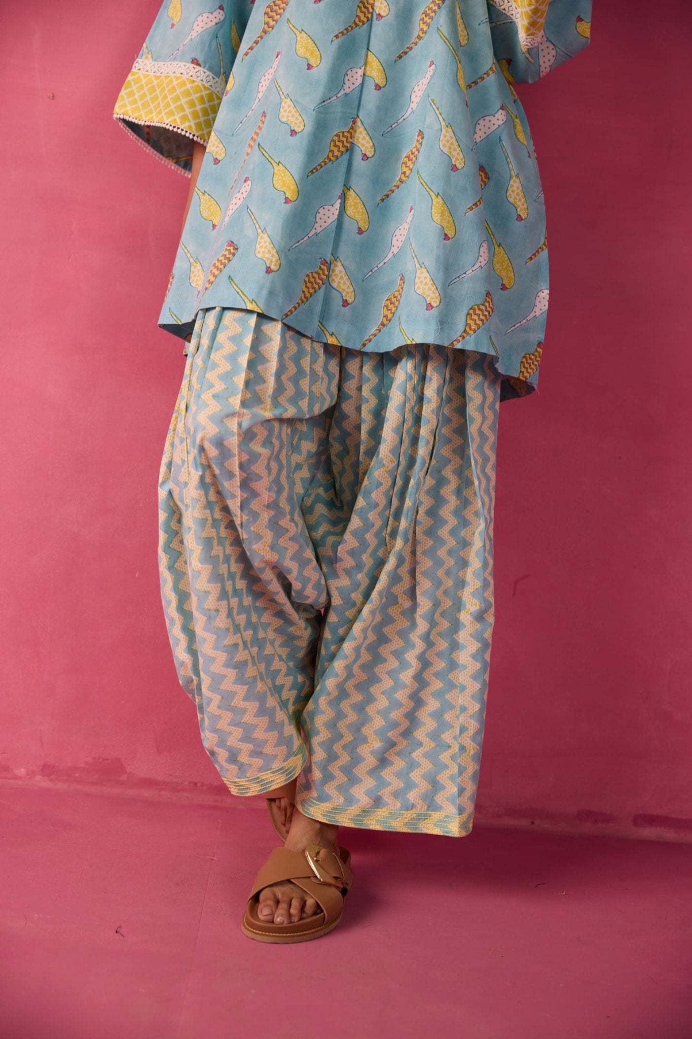 Sky Blue Parakeet Print Cotton Farsi Salwar Co-ord Set - Tara-C-Tara