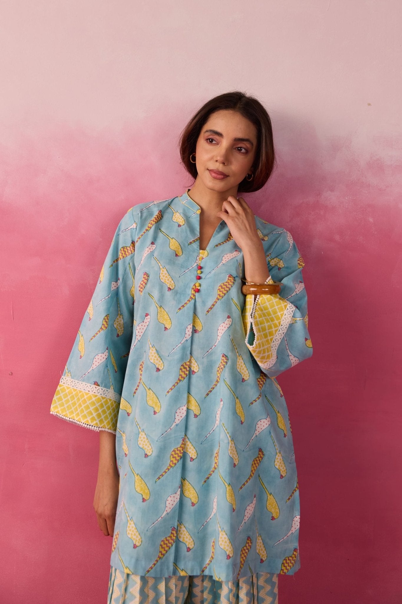 Sky Blue Parakeet Print Cotton Farsi Salwar Co-ord Set - Tara-C-Tara