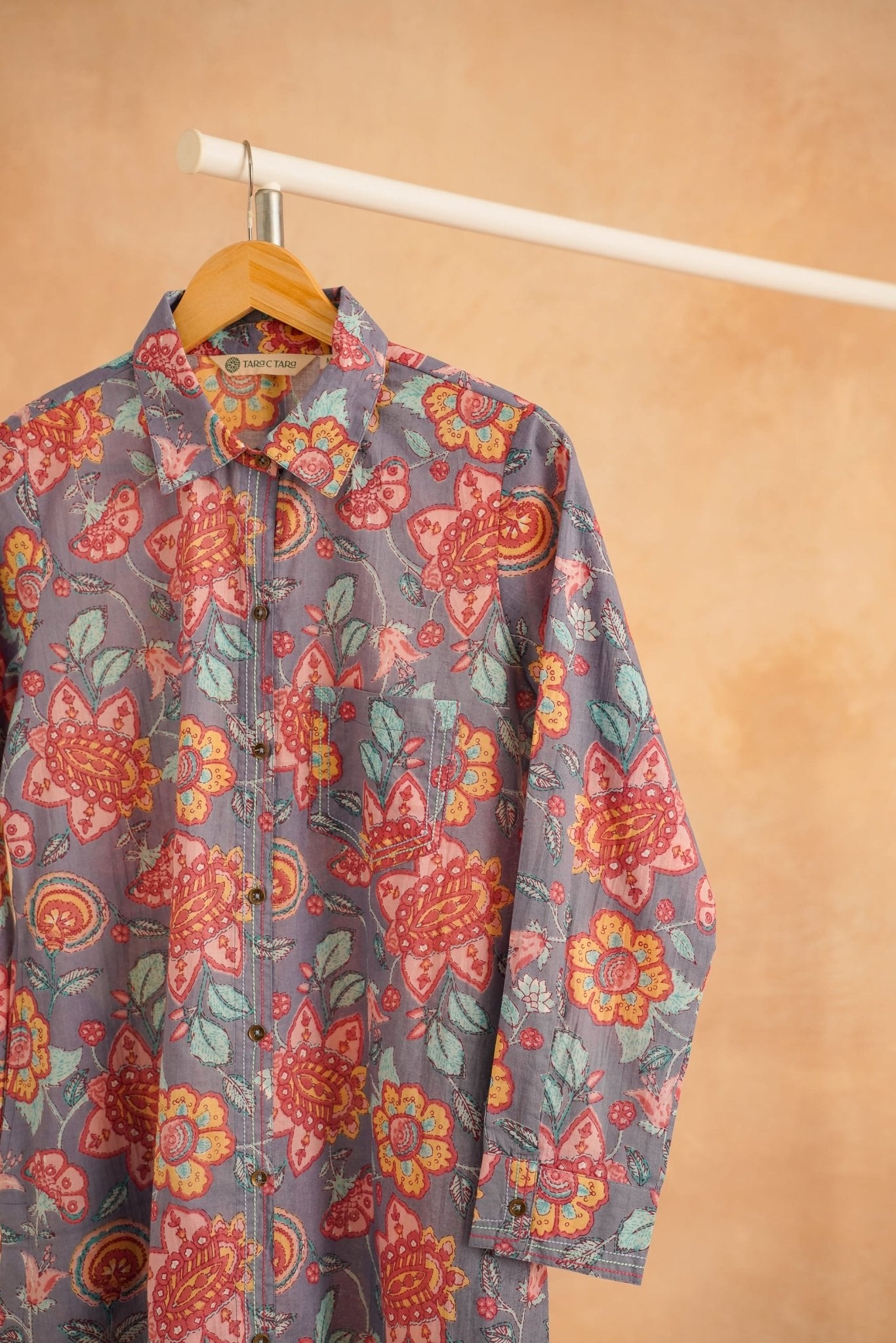 Slate Blue Botanical Print Kurta - Tara - C - Tara