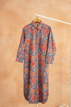 Slate Blue Botanical Print Kurta - Tara - C - Tara