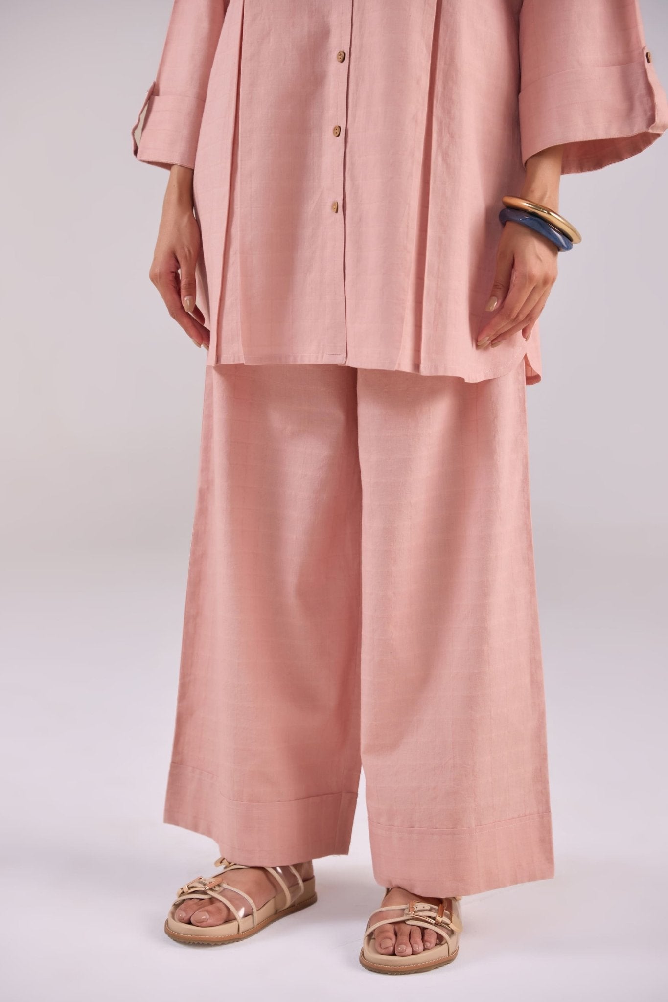 Soft Blush Pink Checks Shirt Pleated Cotton Co-ord Set - Tara-C-Tara