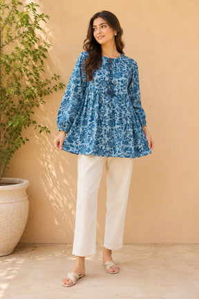 Steel Blue Floral Block Print Peplum Top - Tara-C-Tara