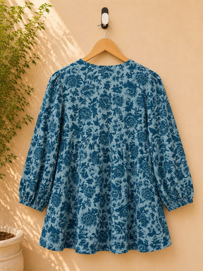 Steel Blue Floral Block Print Peplum Top - Tara-C-Tara
