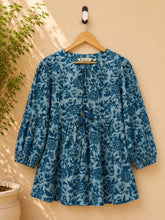 Steel Blue Floral Block Print Peplum Top - Tara-C-Tara