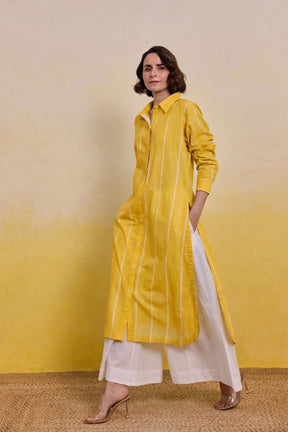 Sunshine Yellow Striped Shirt Kurti with White Palazzo Co - ord Set - Tara - C - Tara