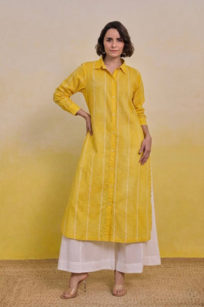 Sunshine Yellow Striped Shirt Kurti with White Palazzo Co - ord Set - Tara - C - Tara