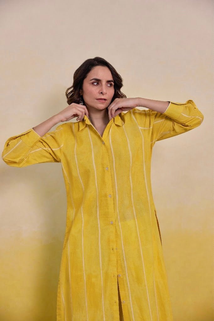 Sunshine Yellow Striped Shirt Kurti with White Palazzo Co - ord Set - Tara - C - Tara