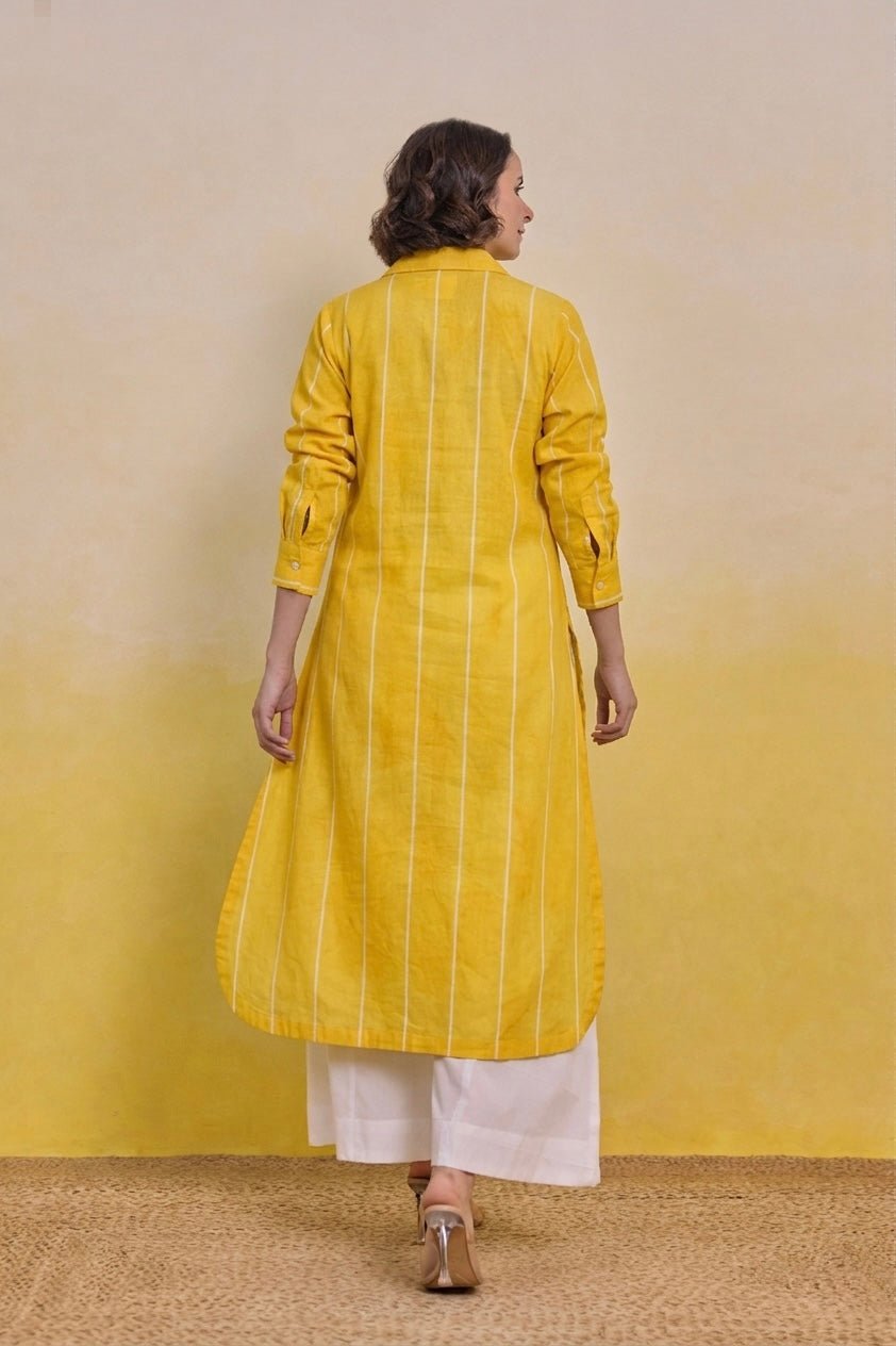 Sunshine Yellow Striped Shirt Kurti with White Palazzo Co - ord Set - Tara - C - Tara