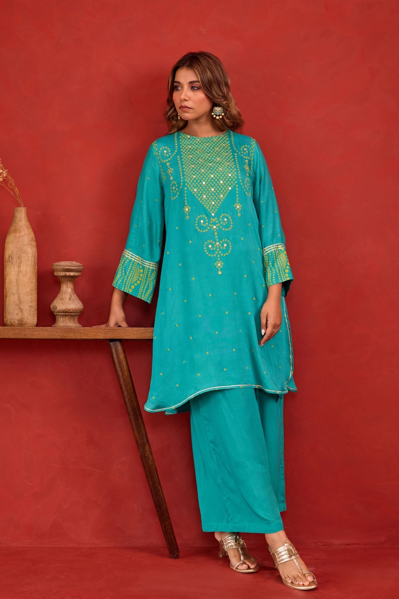 Teal Bandhani Print Embroidered Art Silk Co-ord Set - Tara-C-Tara