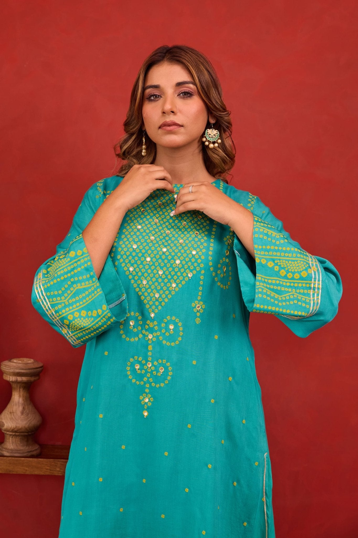 Teal Bandhani Print Embroidered Art Silk Co-ord Set - Tara-C-Tara