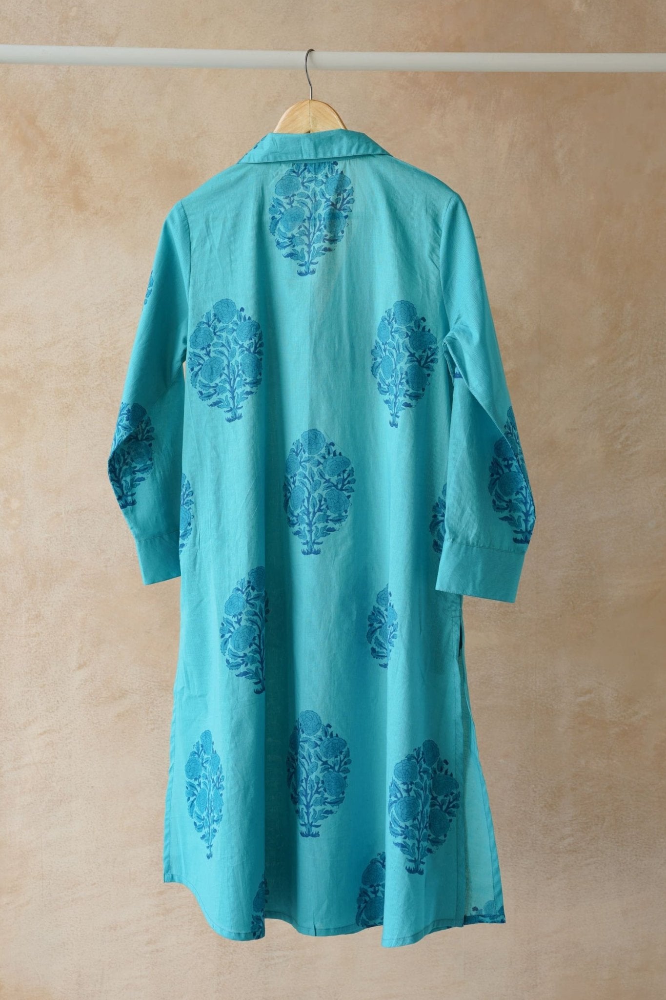 Teal Blue Floral Hand Block Printed Kurta - Tara - C - Tara