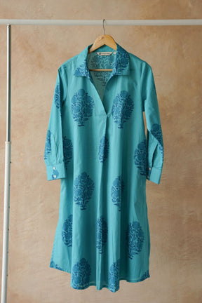 Teal Blue Floral Hand Block Printed Kurta - Tara - C - Tara
