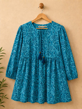 Teal Floral Hand Block Print Peplum Top - Tara-C-Tara