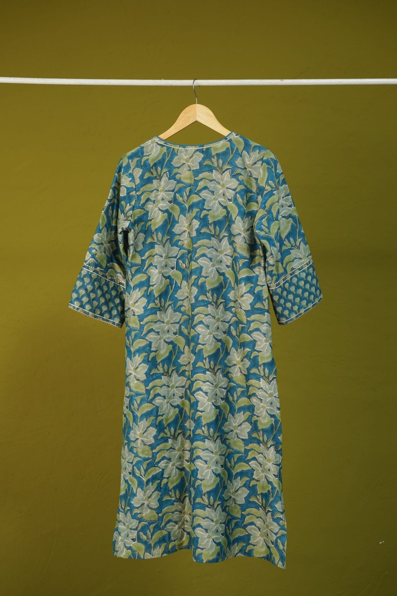 Teal Floral Hand Block Printed Chanderi Silk Kurta - Tara-C-Tara