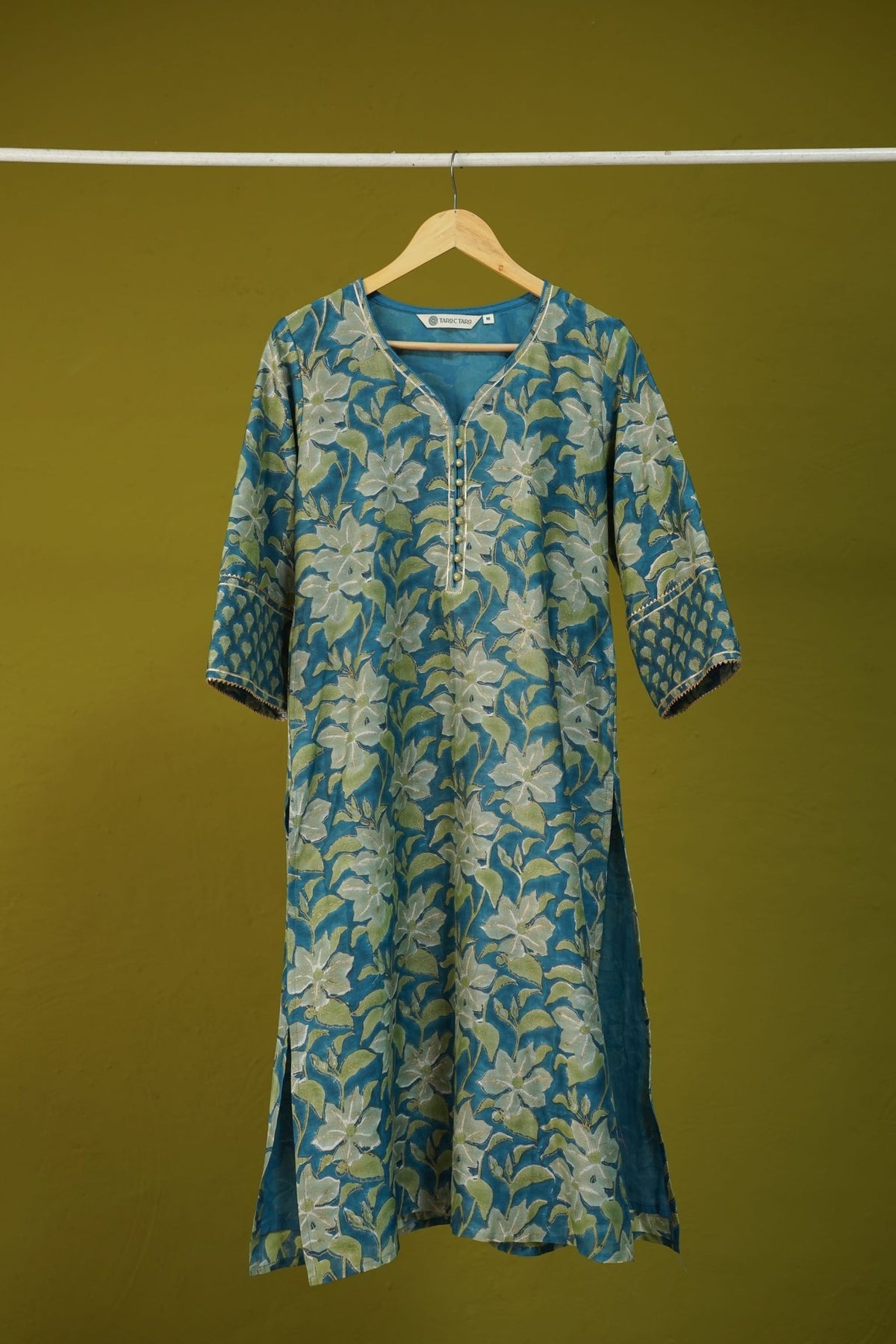 Teal Floral Hand Block Printed Chanderi Silk Kurta - Tara-C-Tara