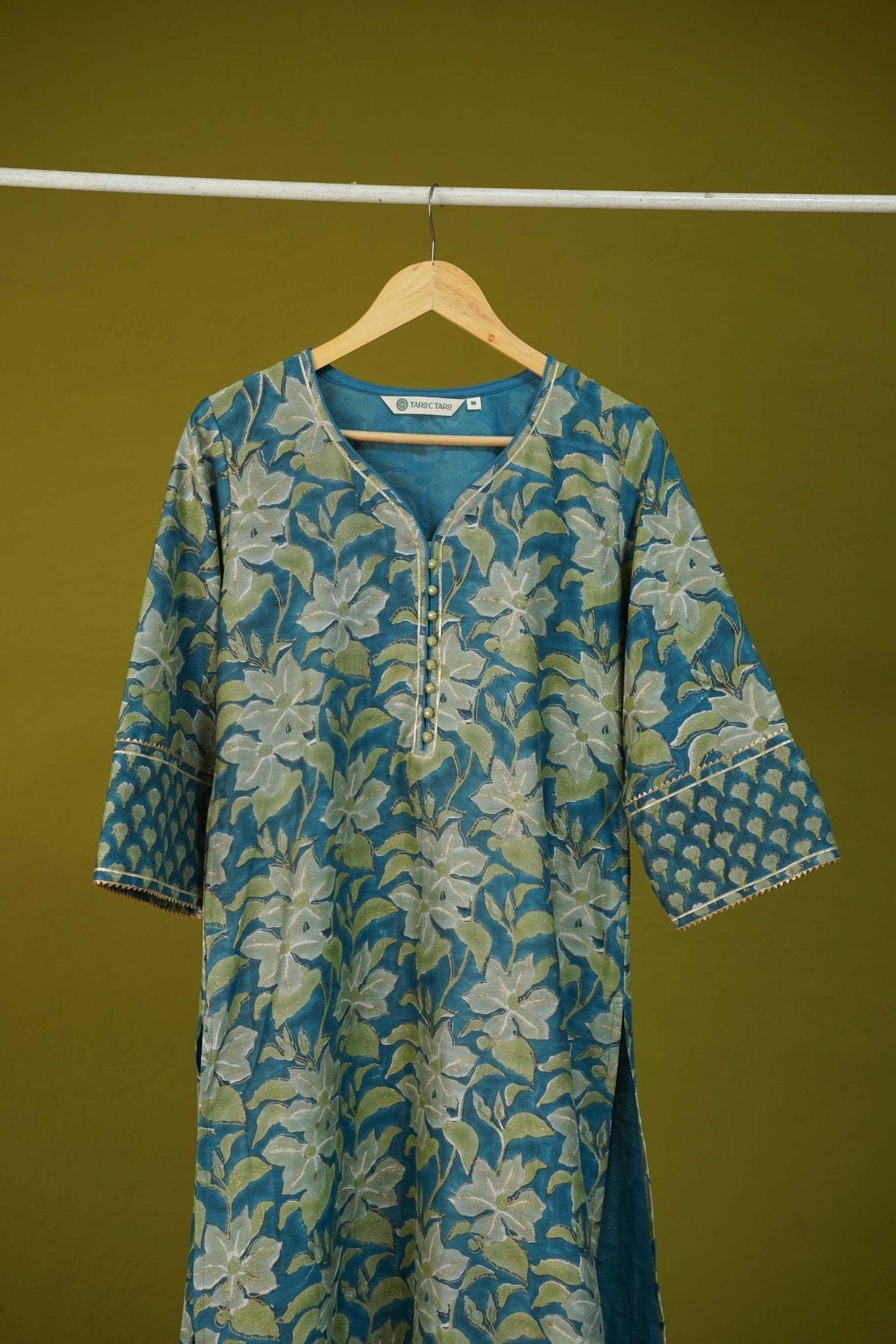 Teal Floral Hand Block Printed Chanderi Silk Kurta - Tara-C-Tara